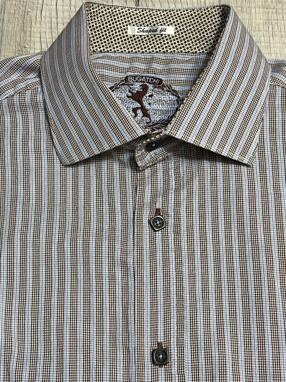Bugatchi Men Brown Blue Houndstooth Stripe Long Sleeve Button Down Shirt Size L